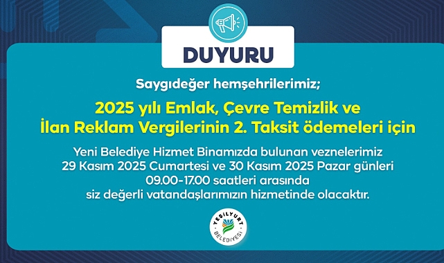 Yeşilyurt Belediye Vezneleri, Hafta Sonu Hizmet Verecek